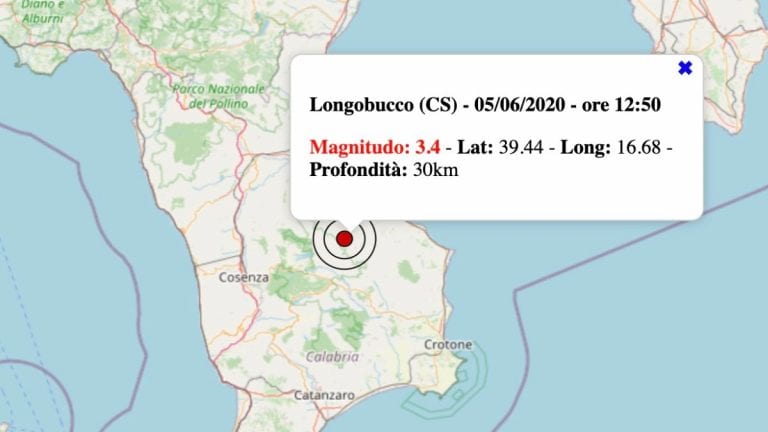 Terremoto in Calabria oggi, sabato 5 giugno 2021: scossa M 3.4 in provincia Cosenza | Dati INGV