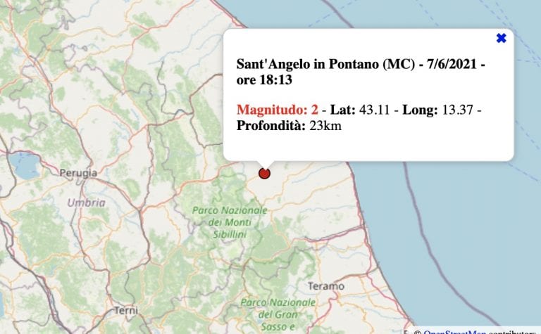 Terremoto nelle Marche oggi, lunedì 7 giugno 2021: scossa M 2.0 in provincia di Macerata | Dati INGV