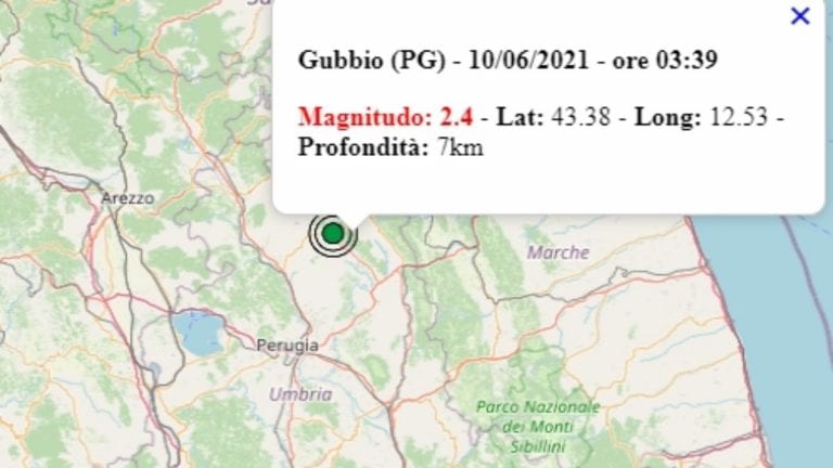 Terremoto in Umbria oggi, 10 giugno 2021, scossa M 2.4 in provincia Gubbio | Dati Ingv