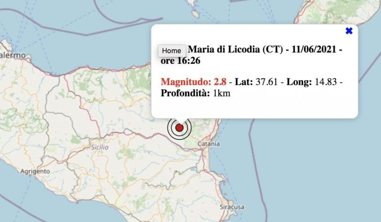 Terremoto in Sicilia oggi, venerdì 11 giugno 2021: scossa M 2.8 in provincia di Catania | Dati INGV