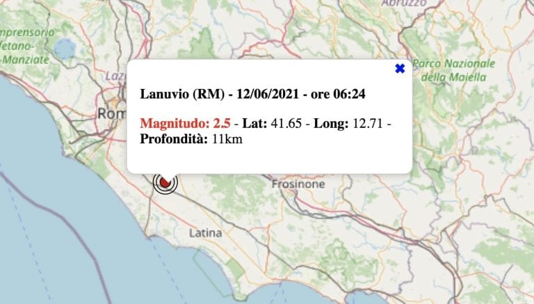 Terremoto nel Lazio oggi, domenica 13 giugno 2021: scossa M 2.5 in provincia Roma | Dati INGV