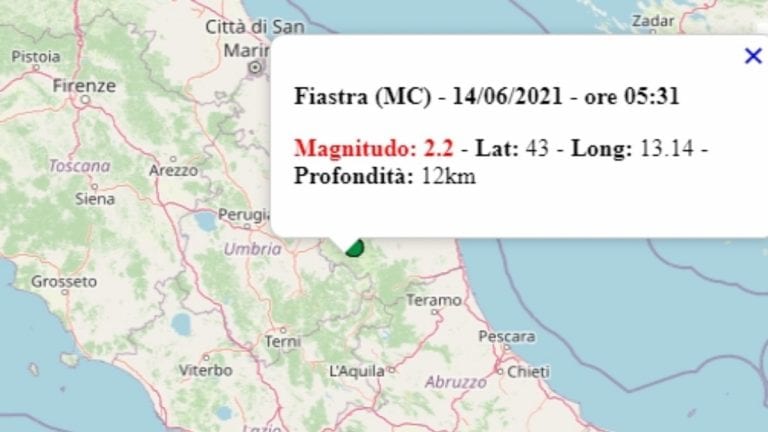 Terremoto nelle Marche oggi, 14 giugno 2021, scossa M 2.2 in provincia di Macerata – Dati Ingv Terremoto nelle Marche oggi, 14 giugno 2021, scossa M 2.2 in provincia di Macerata – Dati Ingv
