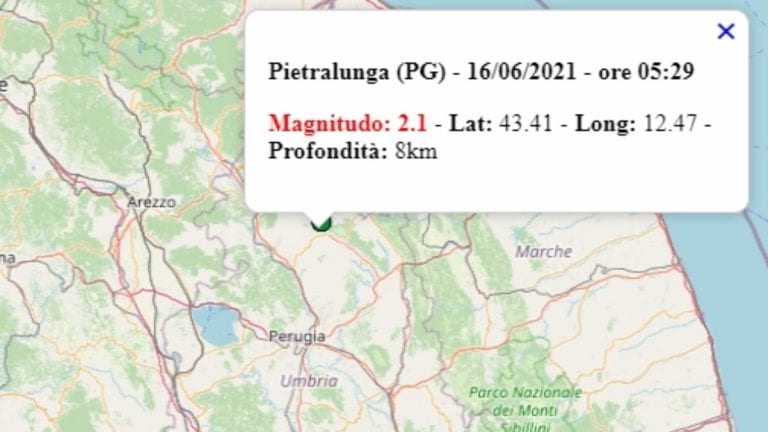Terremoto in Umbria oggi, mercoledì 16 giugno 2021, scossa M 2.1 in provincia di Perugia | Dati Ingv