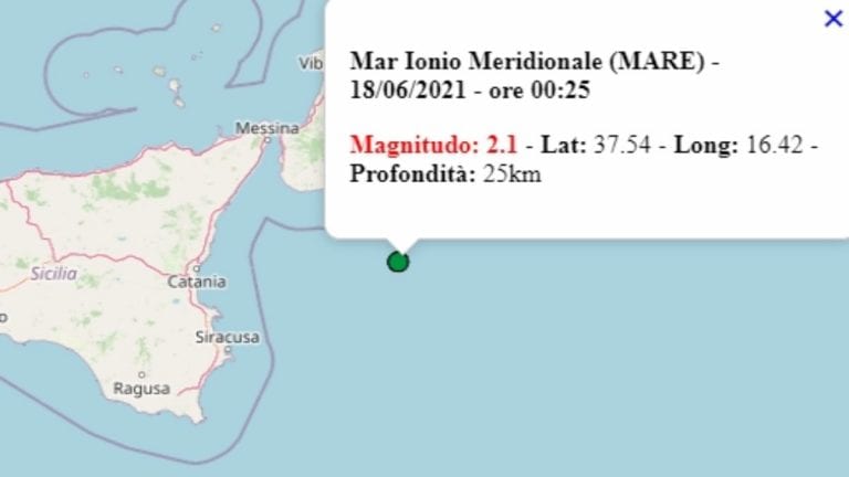 Terremoto in Italia oggi, venerdì 18 giugno 2021, scossa M 2.1 sul mar Ionio meridionale – Dati Ingv Terremoto in Italia oggi, venerdì 18 giugno 2021, scossa M 2.1 sul mar Ionio meridionale – Dati Ingv