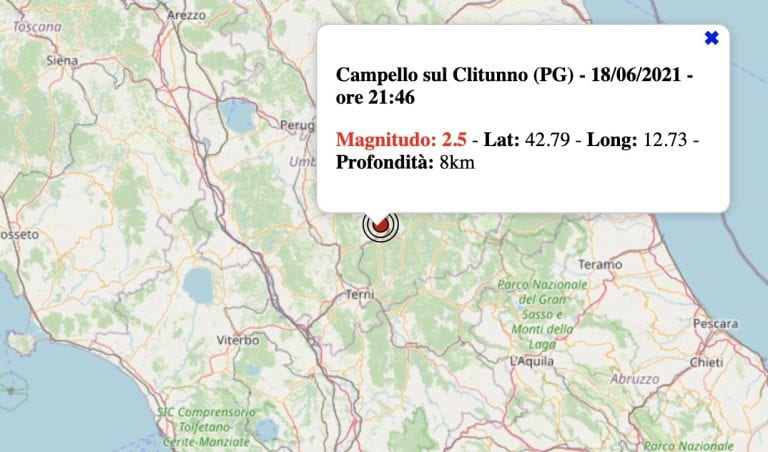 Terremoto in Umbria oggi, venerdì 18 giugno 2021: scossa M 2.5 in provincia di Perugia | Dati INGV