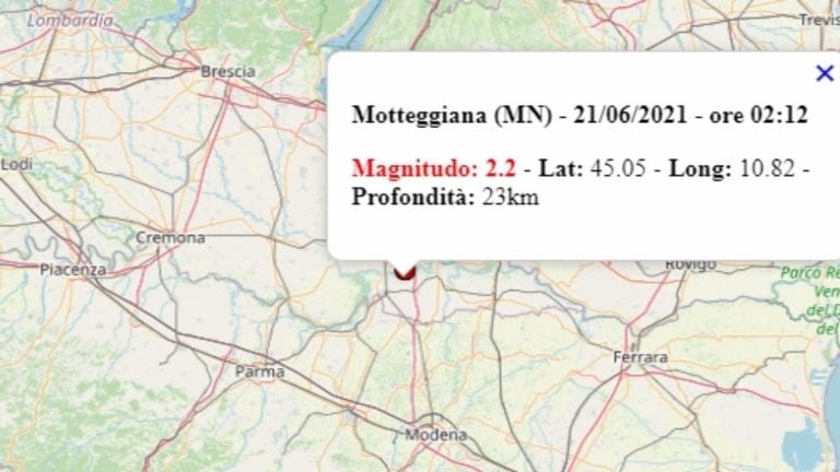 Terremoto in Lombardia oggi, 21 giugno 2021, scossa M 2.2 in provincia di Mantova | Dati Ingv