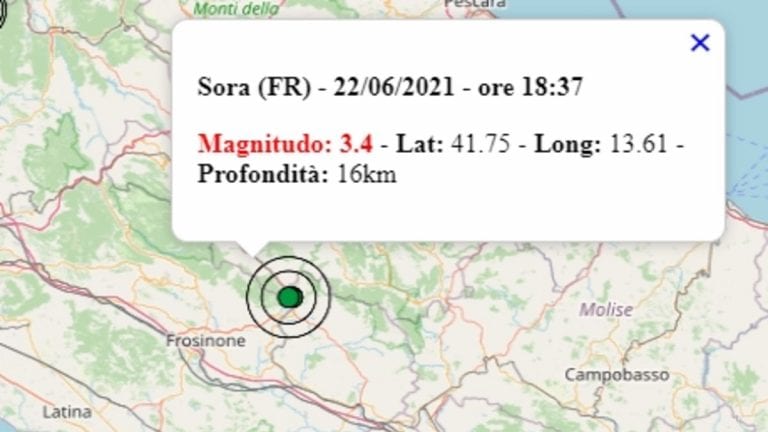 Terremoto nel Lazio oggi, 22 giugno 2021, scossa M 3.4 avvertita a Sora, in provincia di Frosinone | Dati Ingv Terremoto nel Lazio oggi, 22 giugno 2021, scossa M 3.4 avvertita a Sora, in provincia di Frosinone | Dati Ingv