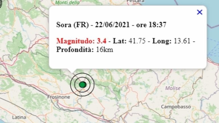 Terremoto nel Lazio oggi, 22 giugno 2021, scossa M 3.4 avvertita a Sora, in provincia di Frosinone | Dati Ingv