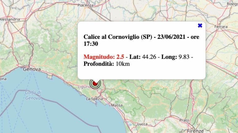 Terremoto in Liguria oggi, mercoledì 23 giugno 2021: scossa M 2.5 in provincia di La Spezia – Dati INGV