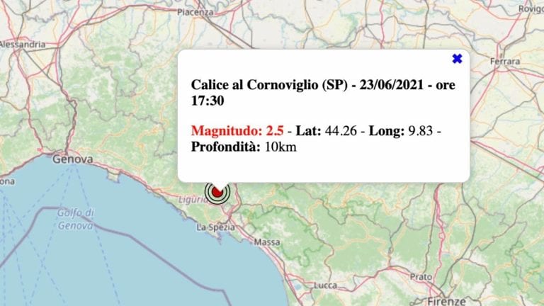 Terremoto in Liguria oggi, mercoledì 23 giugno 2021: scossa M 2.5 in provincia di La Spezia – Dati INGV Terremoto in Liguria oggi, mercoledì 23 giugno 2021: scossa M 2.5 in provincia di La Spezia – Dati INGV