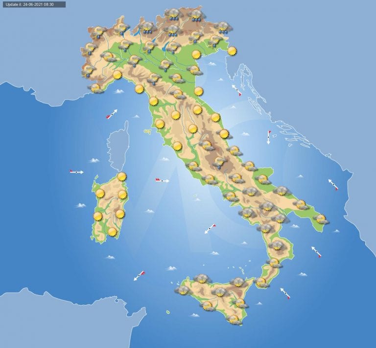 PREVISIONI METEO domani 25 giugno: locali temporali al Nord ITALIA, più stabile altrove con nubi e schiarite