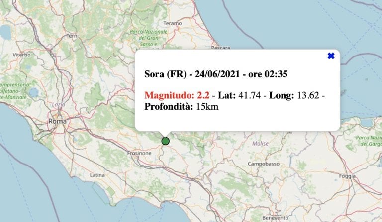 Terremoto nel Lazio oggi, giovedì 24 giugno 2021: scossa M 2.2 in provincia di Frosinone | Dati INGV