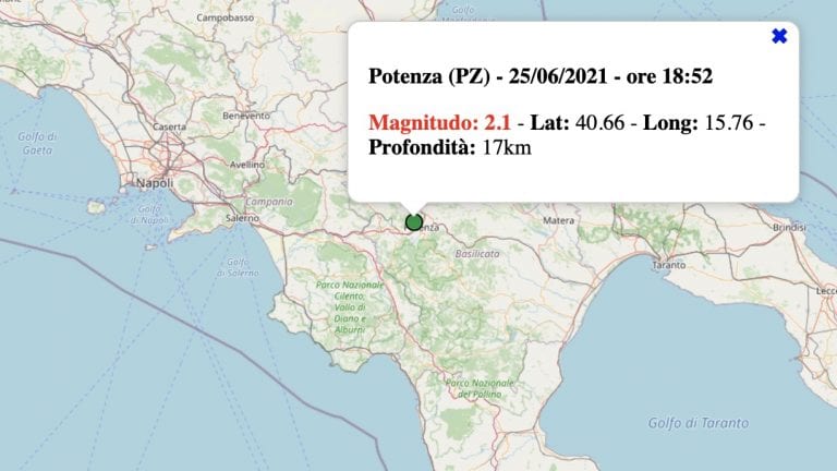 Terremoto in Basilicata oggi, venerdì 25 giugno 2021: scossa M 2.1 a Potenza | Dati INGV