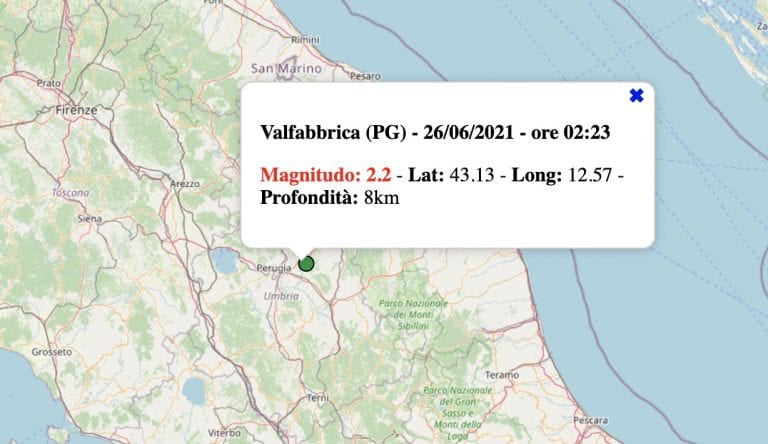 Terremoto in Umbria oggi, 26 giugno 2021: scossa M 2.2 in provincia di Perugia – Dati INGV