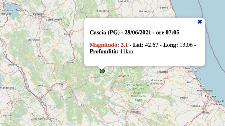 Terremoto in Umbria oggi, lunedì 28 giugno 2021: scossa M 2.1 in provincia di Perugia | Dati INGV