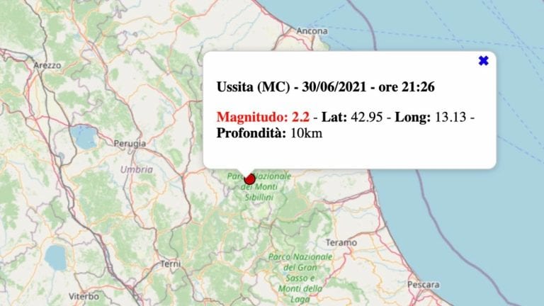 Terremoto nelle Marche oggi, mercoledì 30 giugno 2021: scossa M 2.2 in provincia di Macerata | Dati INGV