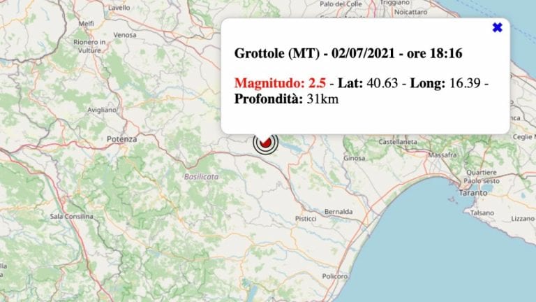 Terremoto in Basilicata oggi, venerdì 2 luglio 2021: scossa M 2.5 in provincia di Matera | Dati INGV