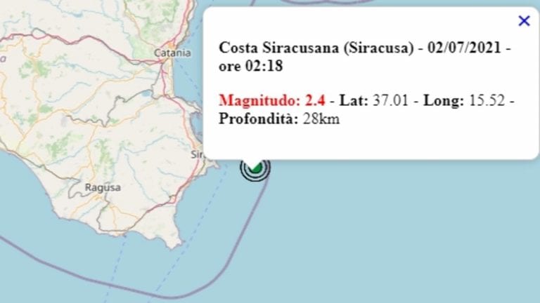 Terremoto oggi in Sicilia, venerdì 2 luglio 2021, scossa M 2.4 in provincia di Siracusa | Dati Ingv