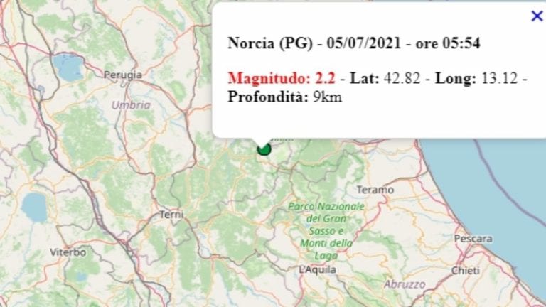 Terremoto in Umbria oggi, lunedì 5 luglio 2021: scossa M 2.2 in provincia di Perugia – Dati Ingv