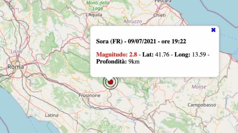 Terremoto nel Lazio oggi, venerdì 9 luglio 2021: scossa M 2.8 in provincia di Frosinone | Dati INGV