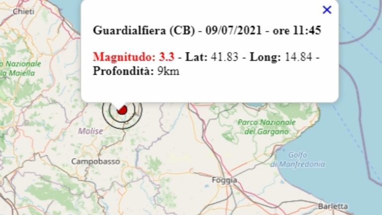 Terremoto in Molise oggi, 9 luglio 2021, scossa M 3.3 avvertita a Guardialfiera, in provincia di Campobasso – Dati Ingv Terremoto in Molise oggi, 9 luglio 2021, scossa M 3.3 avvertita a Guardialfiera, in provincia di Campobasso – Dati Ingv
