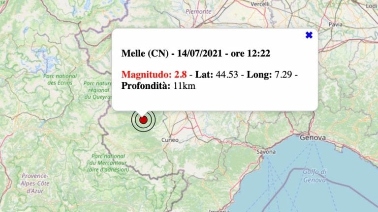 Terremoto in Piemonte oggi, mercoledì 14 luglio 2021: scossa M 2.8 in provincia di Cuneo | Dati INGV