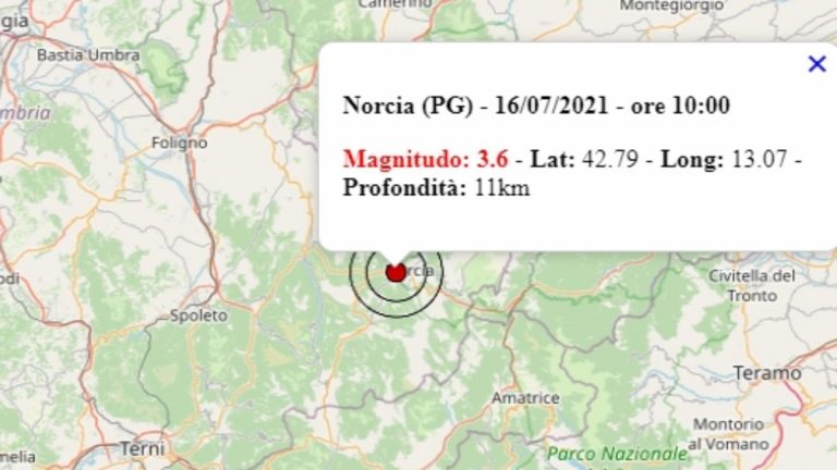 Terremoto in Umbria oggi, 16 luglio 2021: scossa M 3.3 a Norcia, in provincia di Perugia | Dati INGV