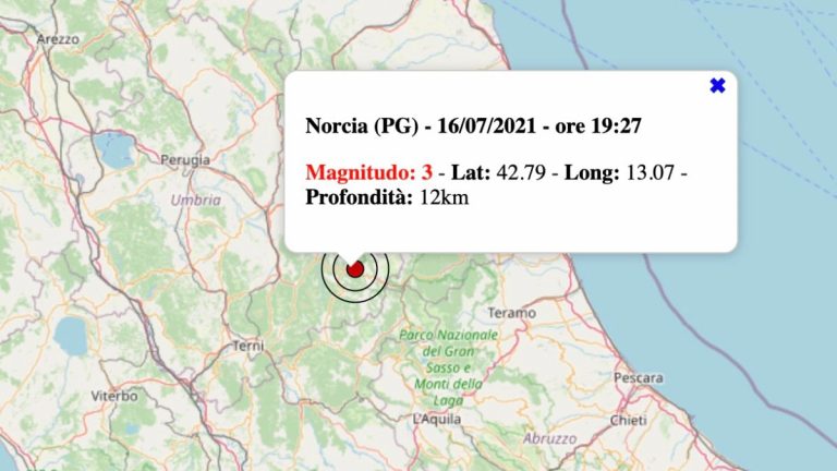 Terremoto oggi, venerdì 16 luglio 2021: scossa in Umbria M 3.0 in provincia di Perugia | Dati INGV