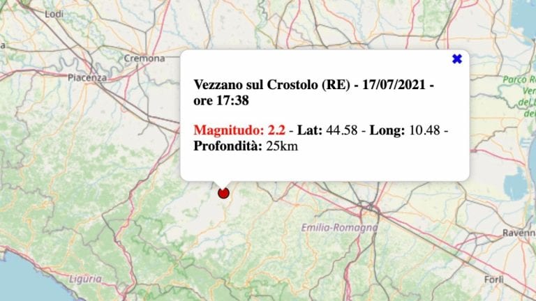Terremoto in Emilia-Romagna oggi, sabato 17 luglio 2021: scossa M 2.2 in provincia di Reggio Emilia | Dati INGV