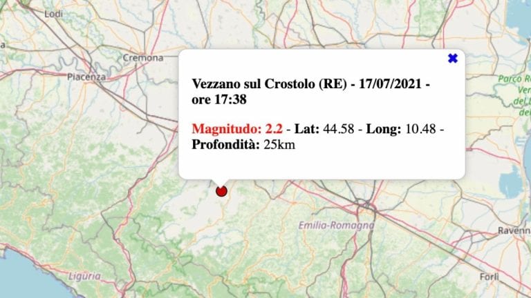 Terremoto in Emilia-Romagna oggi, sabato 17 luglio 2021: scossa M 2.2 in provincia di Reggio Emilia | Dati INGV Terremoto in Emilia-Romagna oggi, sabato 17 luglio 2021: scossa M 2.2 in provincia di Reggio Emilia | Dati INGV