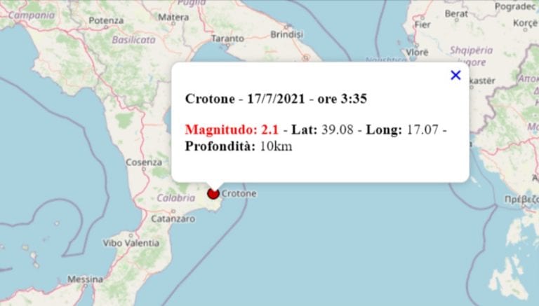 Terremoto oggi in Calabria, 17 luglio 2021: scossa M 2.1 a Crotone – Dati INGV