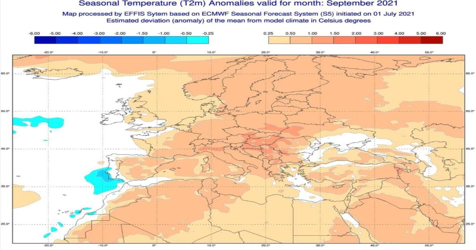 Anomalie di temperatura previste dal modello europeo per settembre 2021- effis.jrc.ec.europa.eu.eu