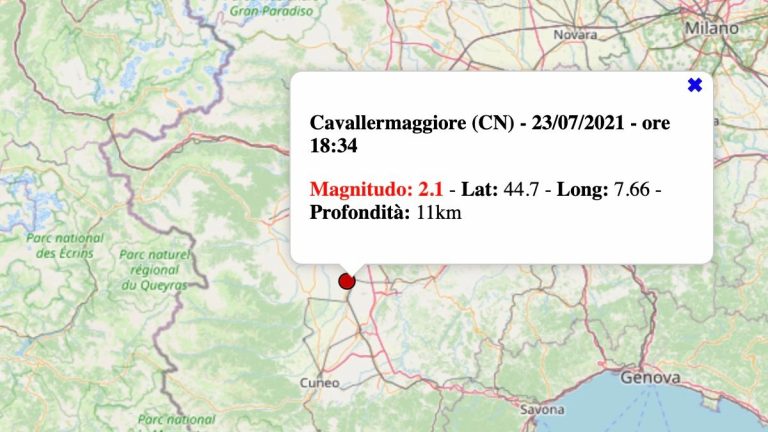 Terremoto in Piemonte oggi, sabato 24 luglio 2021: scossa M 2.1 in provincia di Cuneo | Dati INGV