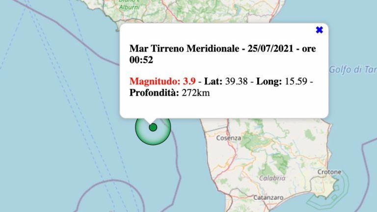 Terremoto in Italia oggi, sabato 24 luglio 2021: scossa M 3.9 sul Mar Tirreno Meridionale | Dati INGV Terremoto in Italia oggi, sabato 24 luglio 2021: scossa M 3.9 sul Mar Tirreno Meridionale | Dati INGV