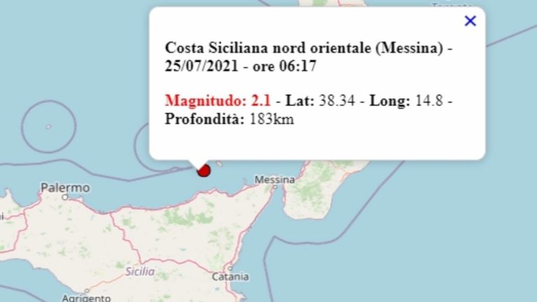 Terremoto in Sicilia oggi, domenica 25 luglio 2021: scossa M 2.1 in provincia di Messina – Dati Ingv Terremoto in Sicilia oggi, domenica 25 luglio 2021: scossa M 2.1 in provincia di Messina – Dati Ingv