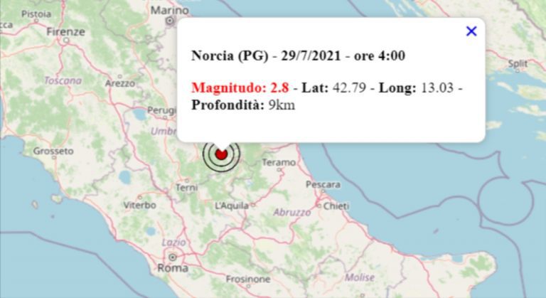 Terremoto oggi in Umbria, giovedì 29 luglio 2021: scossa M 2.8 in provincia di Perugia | Dati INGV