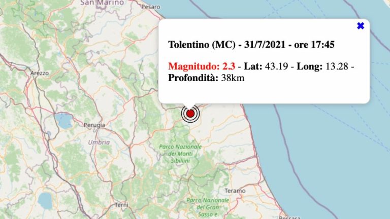 Terremoto nelle Marche oggi, sabato 31 luglio 2021: scossa 2.3 in provincia di Macerata | Dati INGV