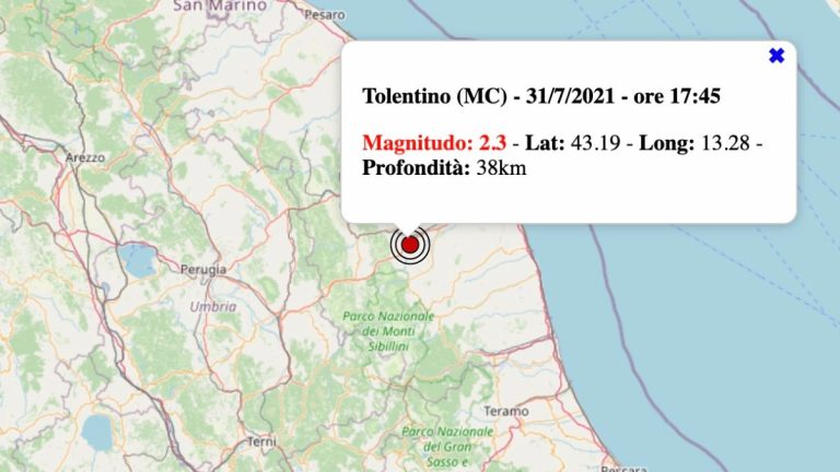 Terremoto nelle Marche oggi, sabato 31 luglio 2021: scossa 2.3 in provincia di Macerata | Dati INGV Terremoto nelle Marche oggi, sabato 31 luglio 2021: scossa 2.3 in provincia di Macerata | Dati INGV