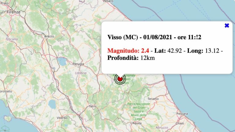 Terremoto nelle Marche oggi, domenica 1 agosto 2021: scossa M 2.4 in provincia Macerata – Dati INGV