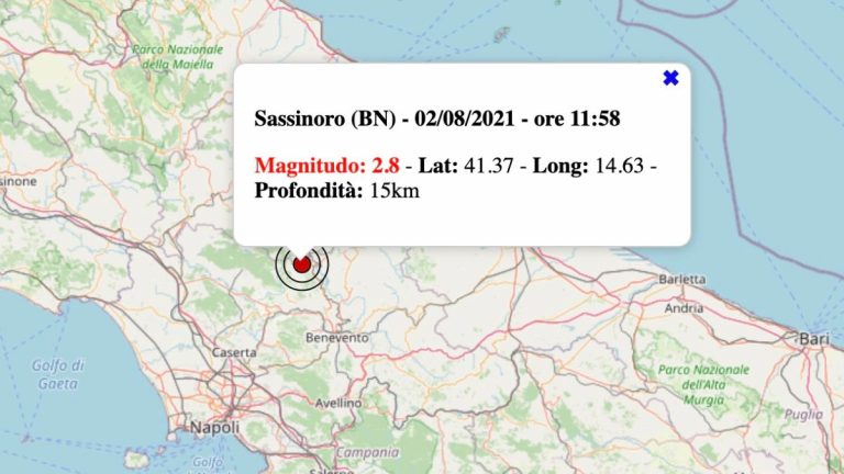 Terremoto in Campania oggi, lunedì 2 agosto 2021: scossa M 2.8 in provincia di Benevento – Dati INGV Terremoto in Campania oggi, lunedì 2 agosto 2021: scossa M 2.8 in provincia di Benevento – Dati INGV