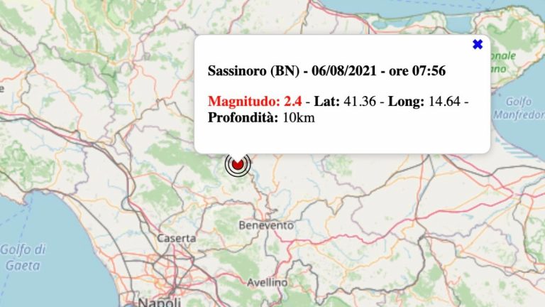 Terremoto in Campania oggi, venerdì 6 agosto 2021, scossa M 2.4 in provincia di Benevento – Dati INGV Terremoto in Campania oggi, venerdì 6 agosto 2021, scossa M 2.4 in provincia di Benevento – Dati INGV