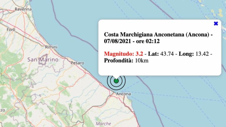Terremoto oggi, sabato 7 agosto 2021 nelle Marche: sisma M 3.2 Costa Marchigiana – Dati INGV Terremoto oggi, sabato 7 agosto 2021 nelle Marche: sisma M 3.2 Costa Marchigiana – Dati INGV