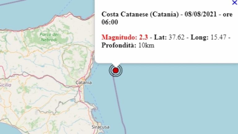 Terremoto in Sicilia oggi, 8 agosto 2021: scossa M 2.3 in provincia di Catania | Dati Ingv