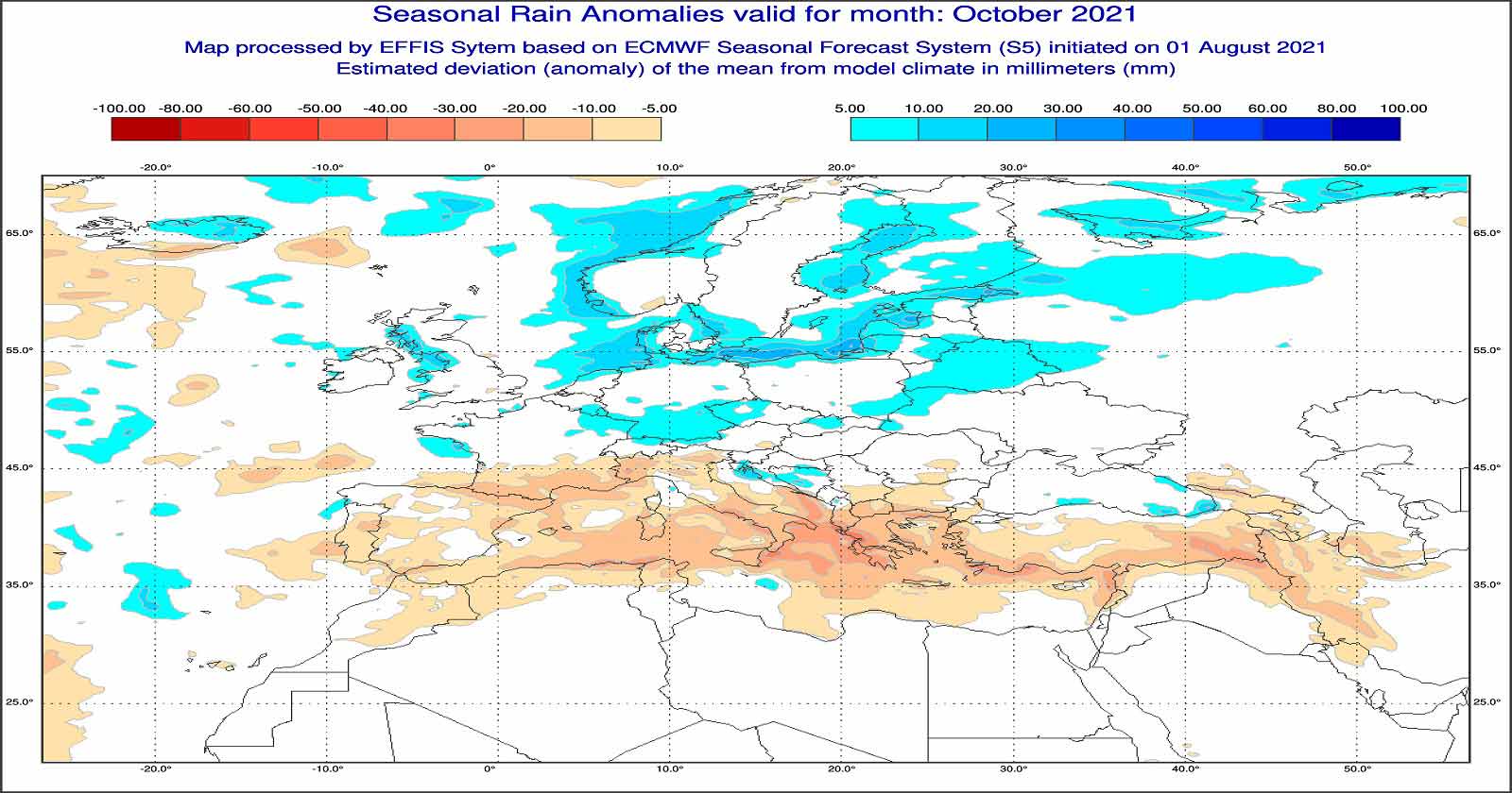 Anomalie di precipitazione previste dal modello ECMWF per ottobre 2021 - effis.jrc.ec.europa.eu
