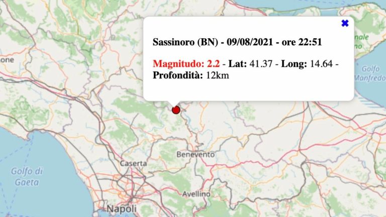 Terremoto in Campania oggi, lunedì 9 agosto 2021: scossa M 2.2 in provincia di Benevento | Dati INGV