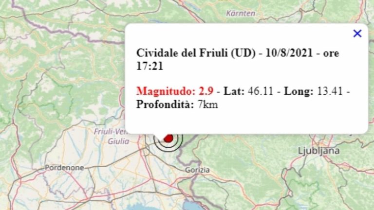 Terremoto in Friuli Venezia Giulia oggi, 10 agosto 2021, scossa M 2.9 avvertita in provincia di Udine | Dati Ingv