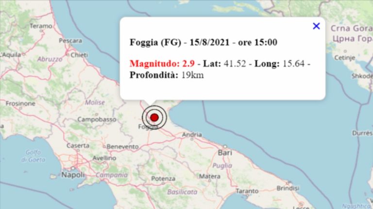 Terremoto oggi in Puglia, domenica 15 agosto 2021: scossa M 2.9 a Foggia | Dati INGV