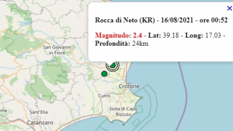 Terremoto in Calabria oggi, lunedì 16 agosto 2021: scossa M 2.4 in provincia Crotone – Dati Ingv
