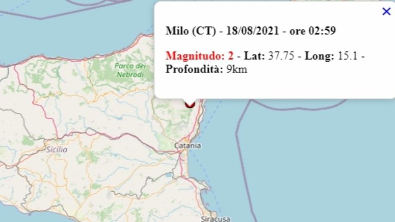 Terremoto in Sicilia oggi, mercoledì 18 agosto 2021, scossa M 2.0 in provincia Catania | Dati Ingv