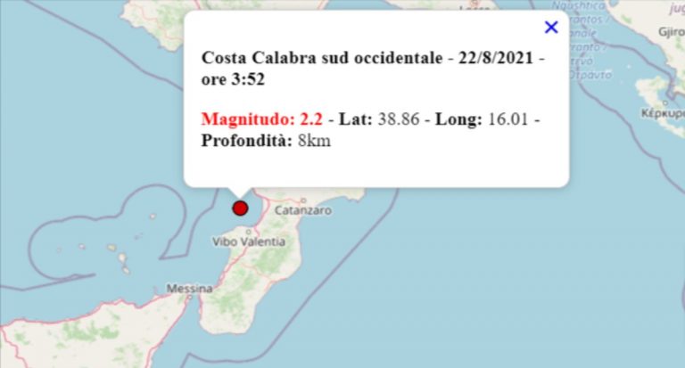 Terremoto oggi in Calabria, 22 agosto 2021: scossa M 2.2 in provincia Vibo Valentia | Dati INGV